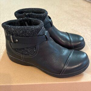 Clarks Cheyn Kisha Leather Sweater Cuff Ankle Boots Women's Size 6 Black